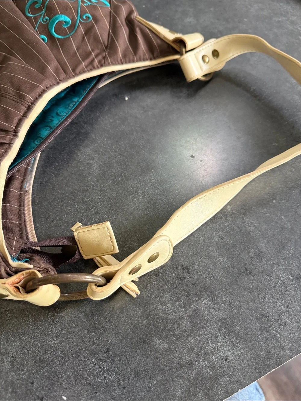 Brown Pinstripe Shoulder Bag with Teal Embroidery hobo bag by Ogio